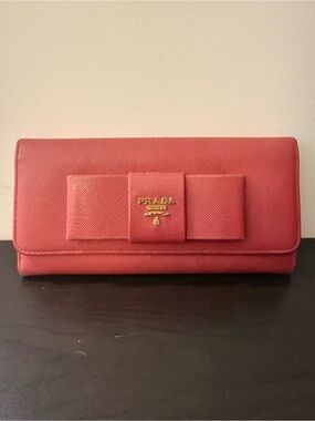 Prada Coral Pink Saffiano Bow Continental Wallet